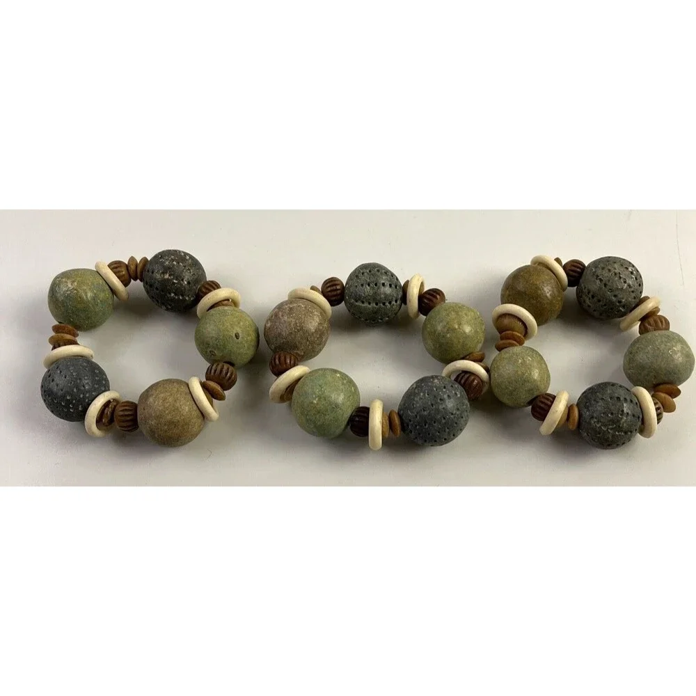 Napkin Rings Set of 8 Beads Rustic Clay Neutral Tones Beige, Cream, Blue/green